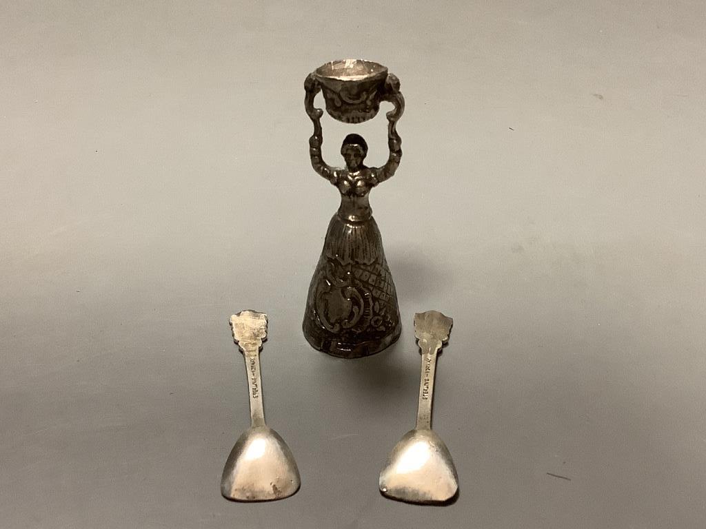 A set of three Edwardian silver miniature armchairs, Levi & Salaman, Birmingham, 1902, a similar settee, a continental miniature white metal wager cup & two sterling salt spoons.